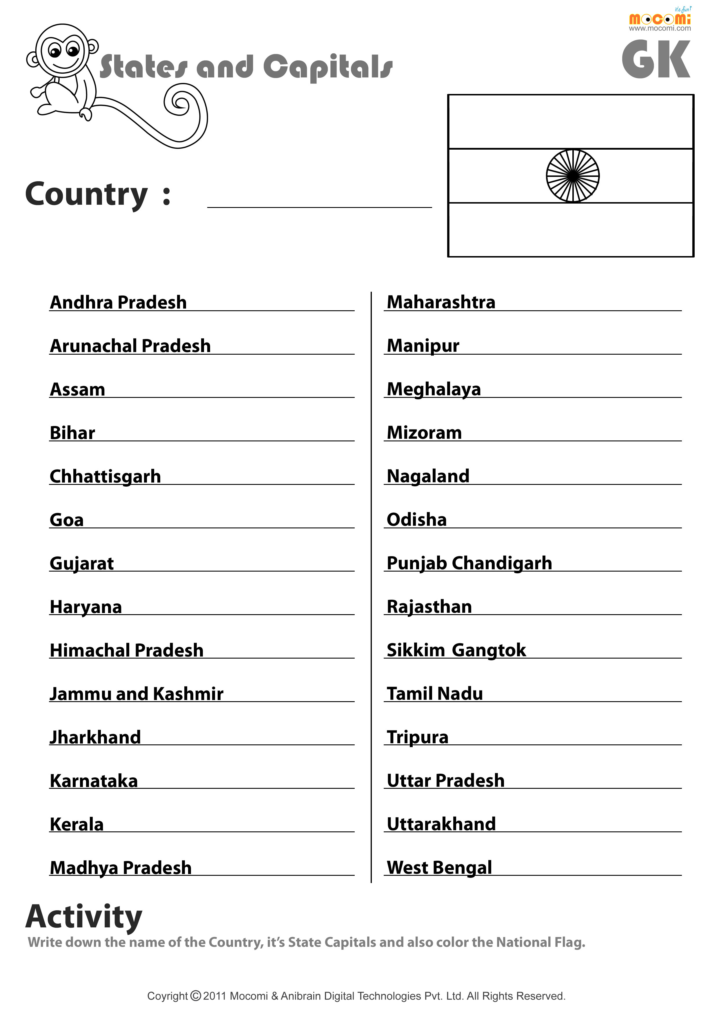 Indian States And Their Capitals Worksheet